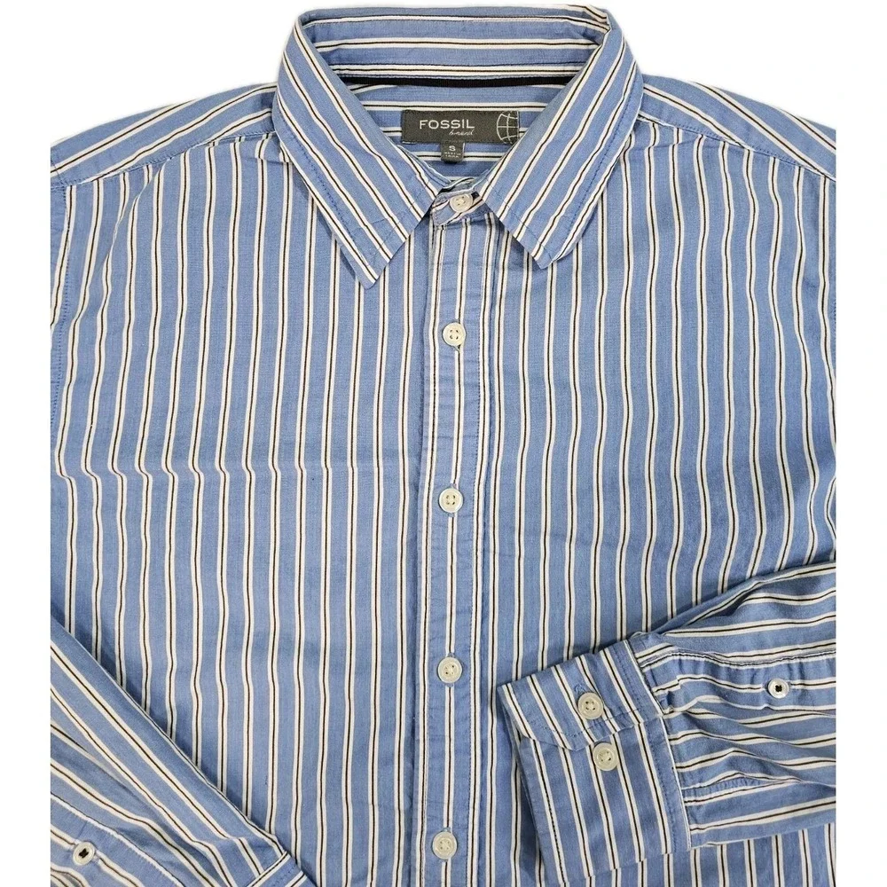 Fossil Brand Mens Small Classic Casual Blue White Striped Button Up Dress Shirt